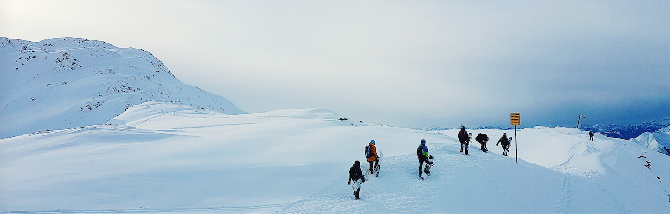 A team of explorers planting a flag in the arctic